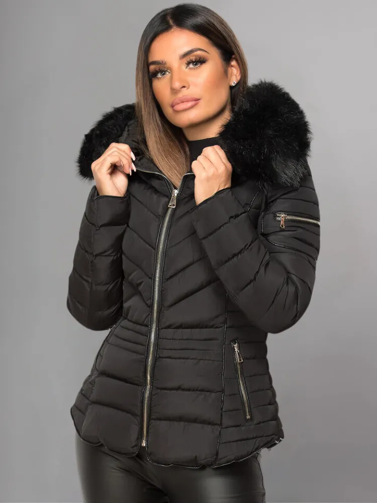 Black Puffer Jacket With Faux fur Hood