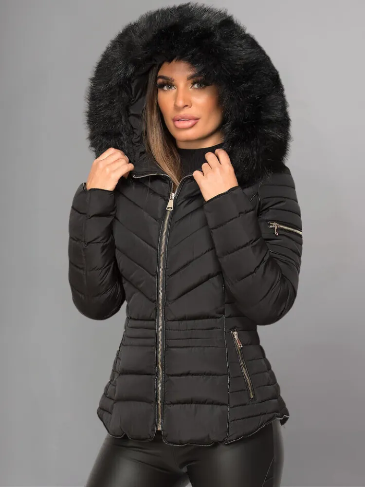 Black Puffer Jacket With Faux fur Hood