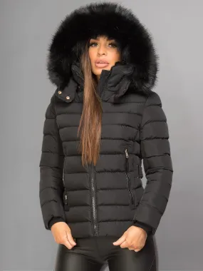 Black Puffer Jacket With Faux fur Hood