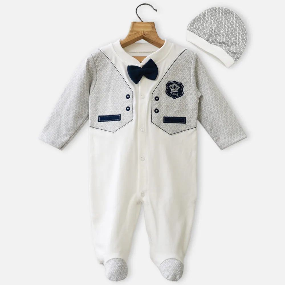 Blue & Grey Full Sleeves Footsie With Cap