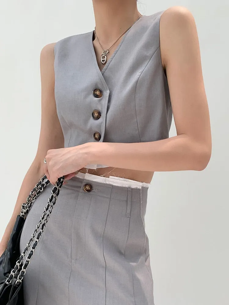 Casual Temperament Waistcoats For Women V Neck Sleeveless Patchwork Button Short Waistcoat Female Fashion Clothing