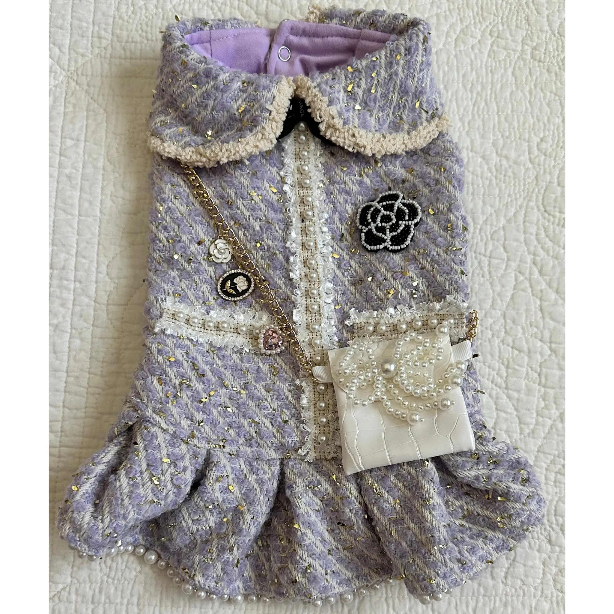 Chic Lavender Dog Couture With Pearl Trim Dog Dress Coat