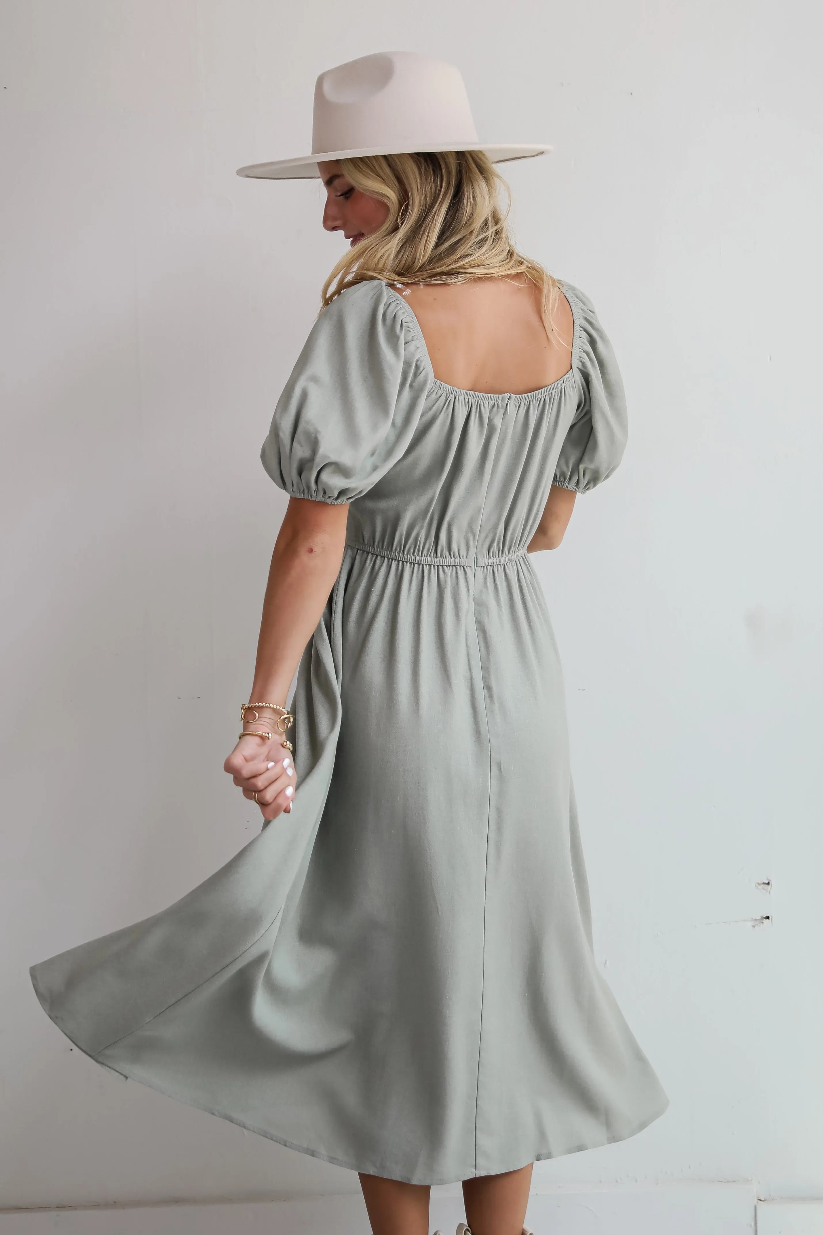 Chic Persuasion Sage Linen Midi Dress