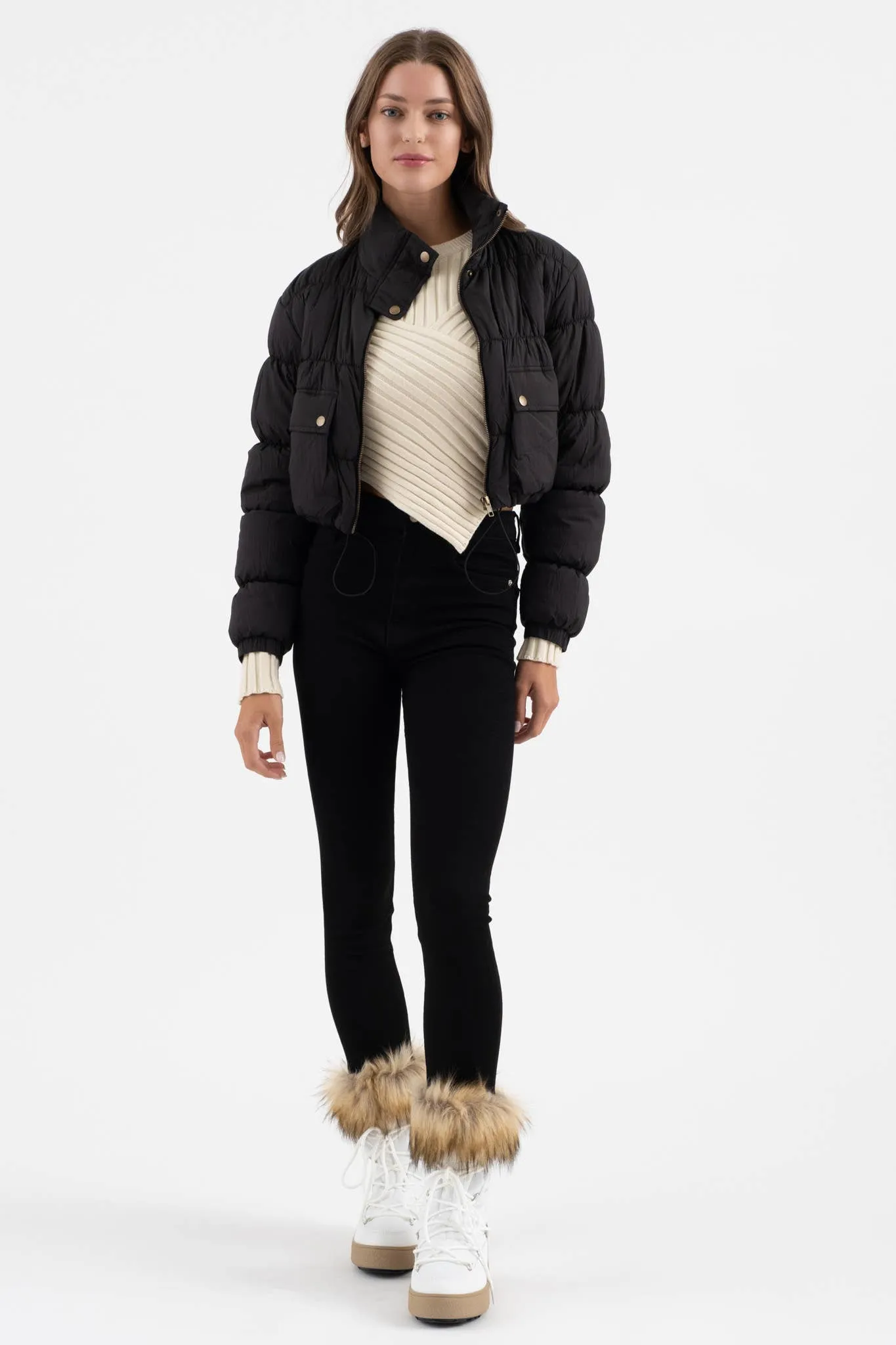 CROPPED ZIP UP CARGO PUFFER JACKET