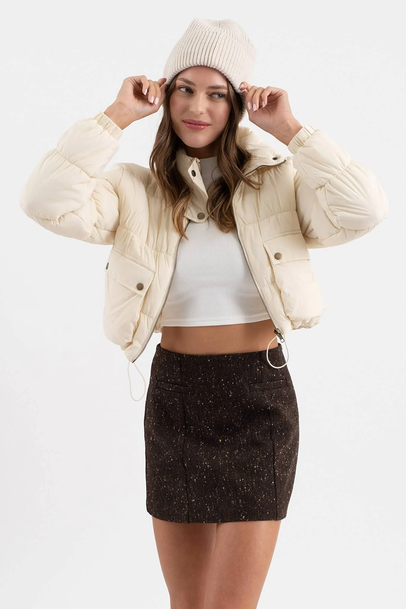 CROPPED ZIP UP CARGO PUFFER JACKET