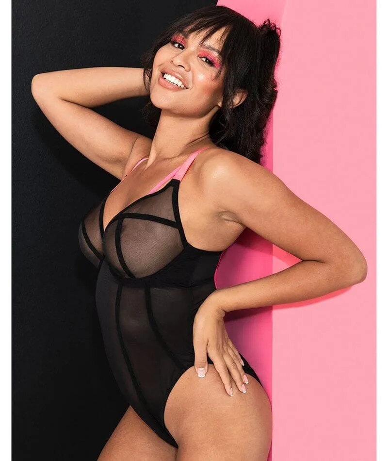 Curvy Kate Elementary Plunge Bodysuit - Black/Pink