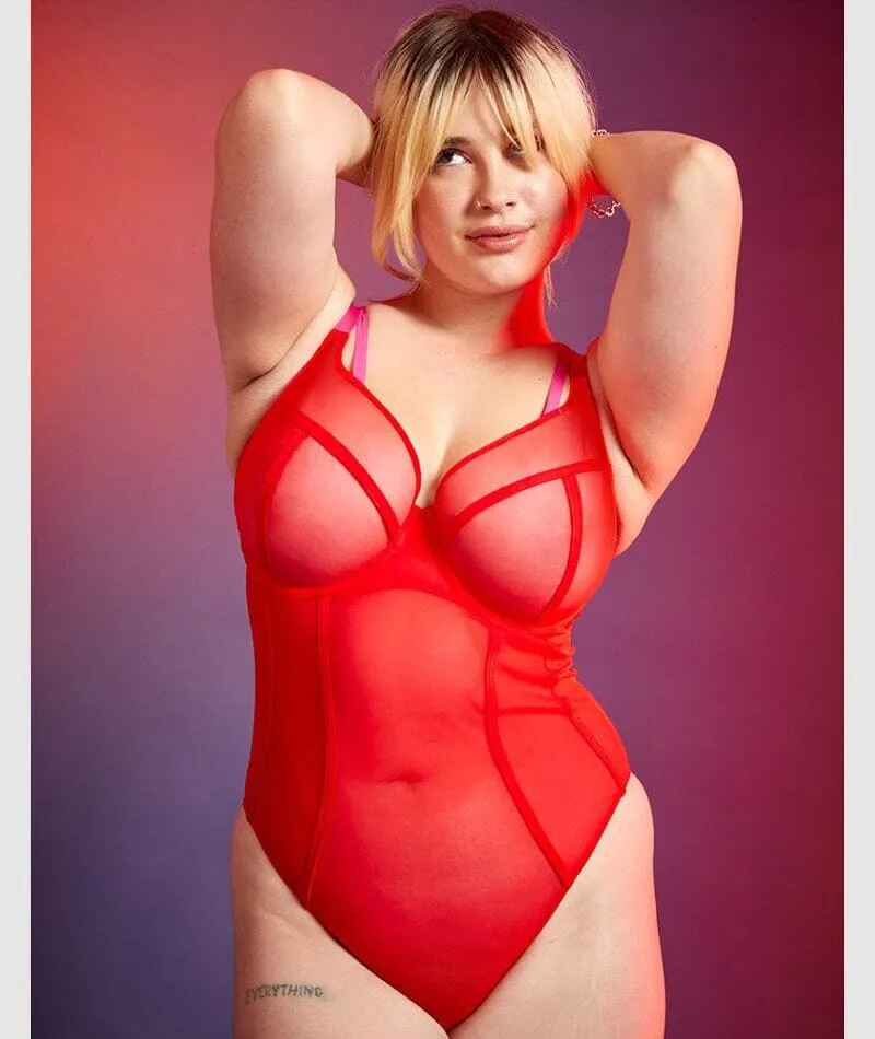 Curvy Kate Elementary Plunge Bodysuit - Red/Pink