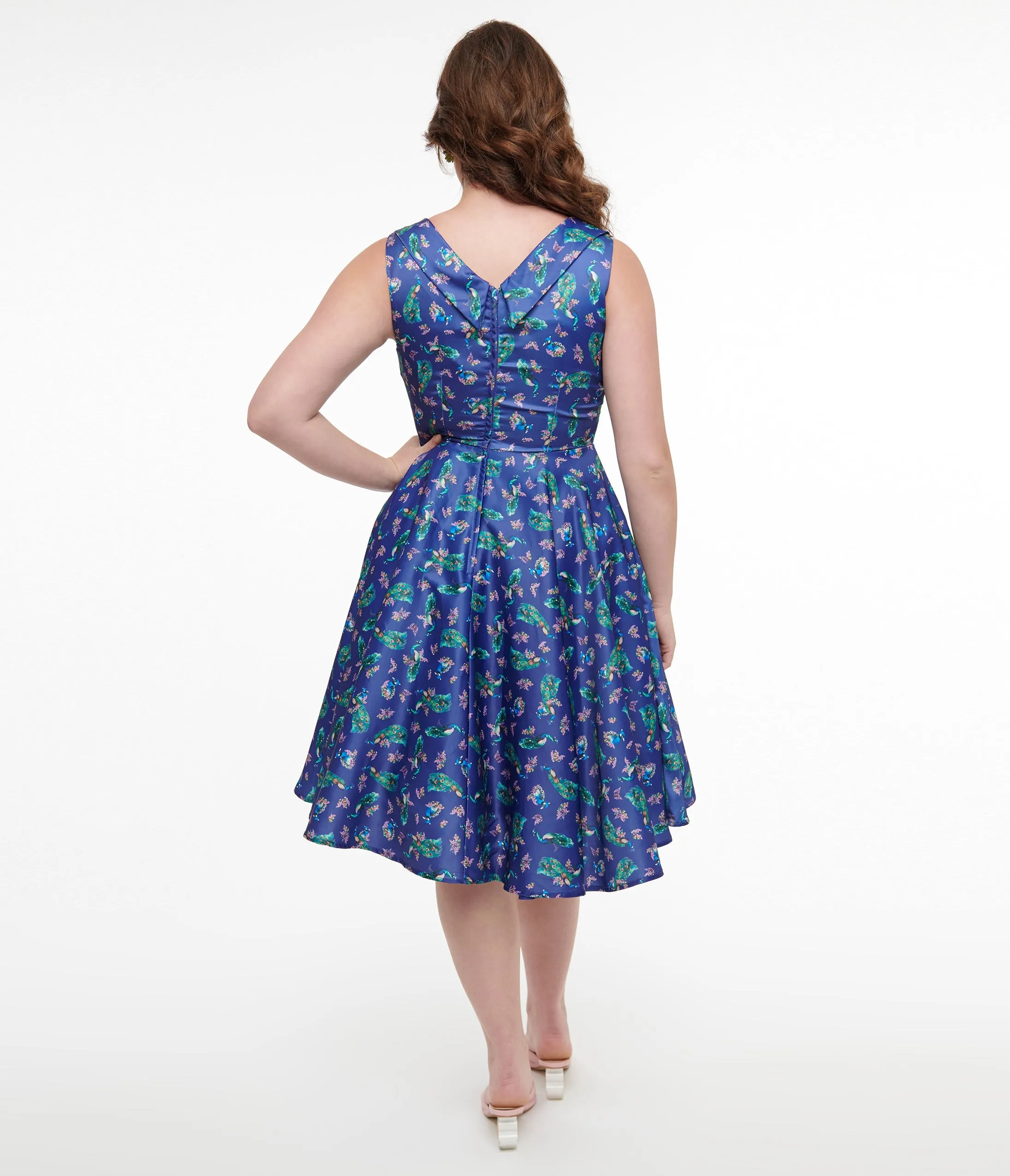 Dolly & Dotty 1950s Purple & Teal Peacock Print Grace Swing Dress