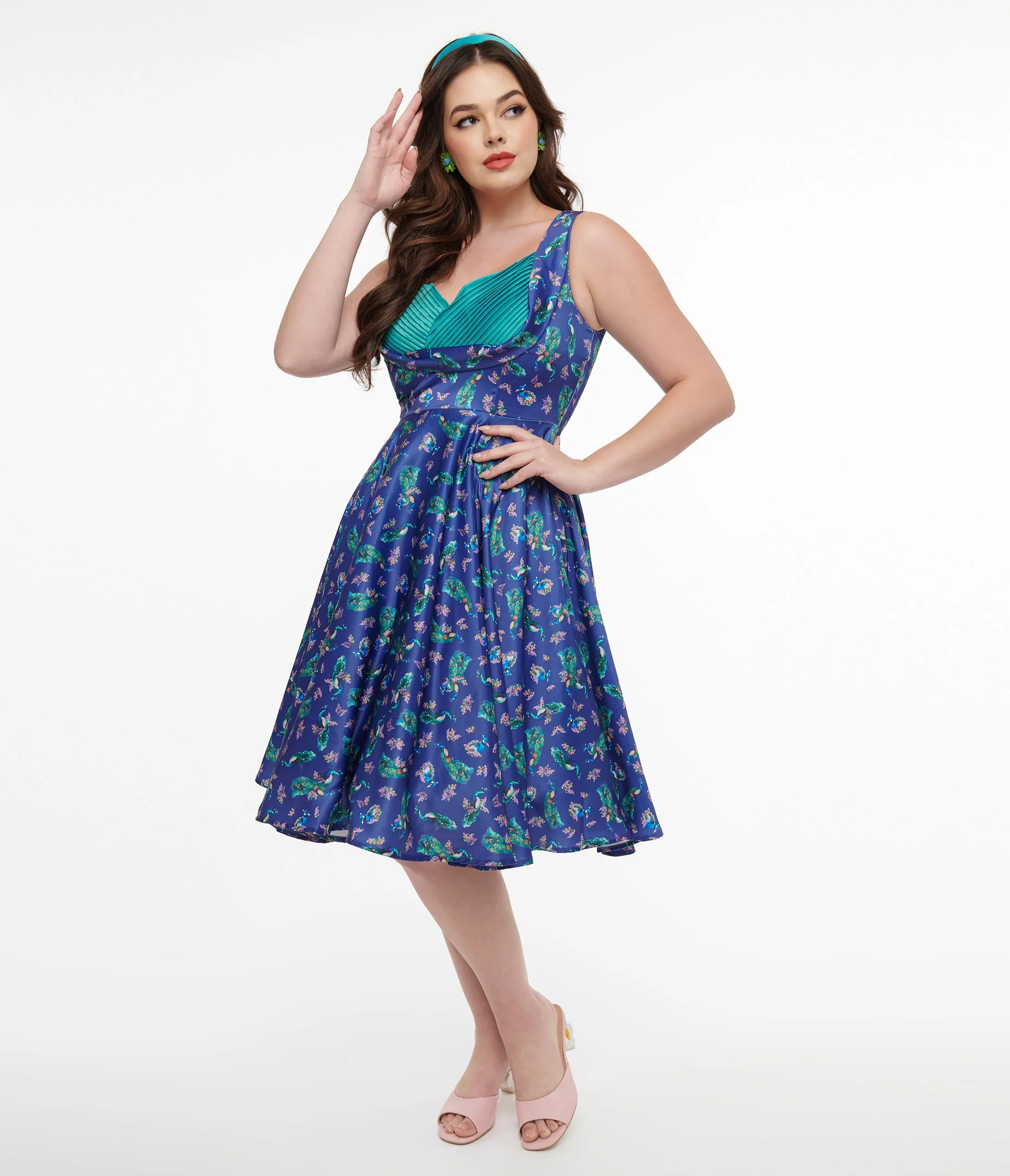 Dolly & Dotty 1950s Purple & Teal Peacock Print Grace Swing Dress