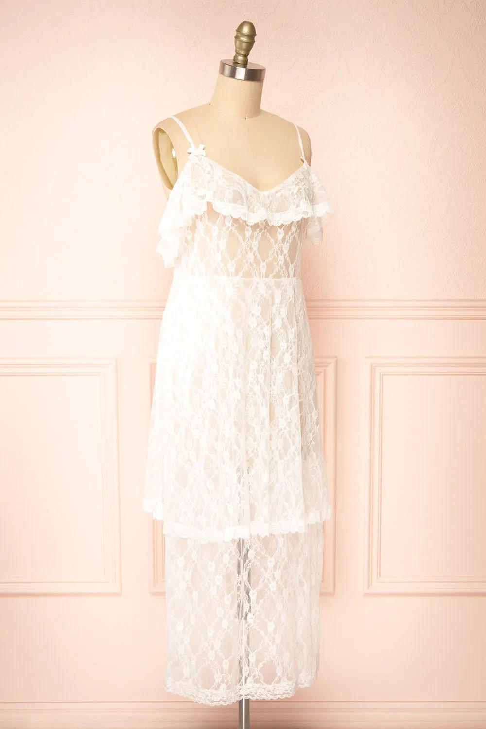 Draconis | White Tiered Lace Slip Midi Dress