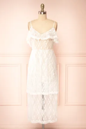 Draconis | White Tiered Lace Slip Midi Dress