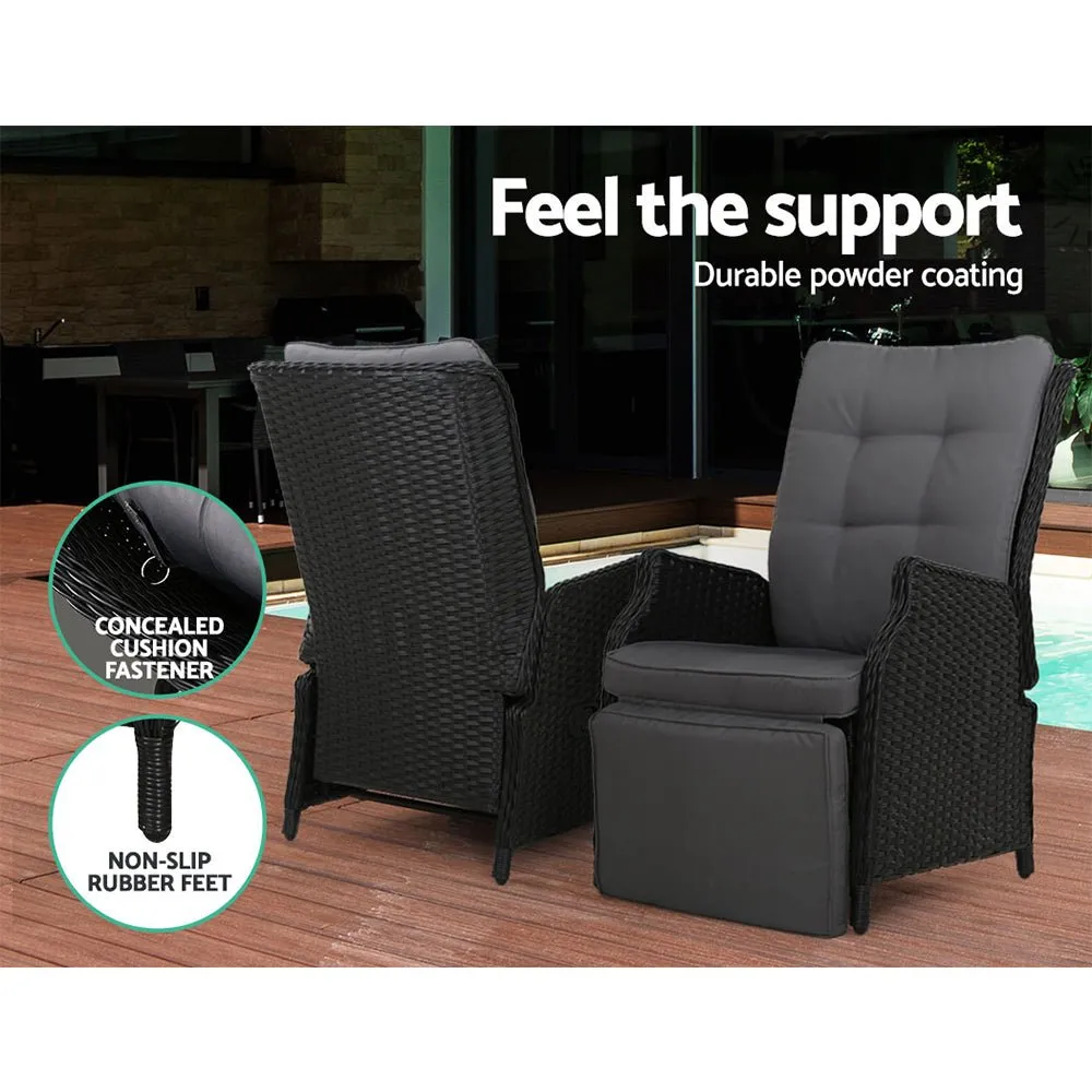 Elara Outdoor Setting Recliner Patio Chairs with Side Table Black