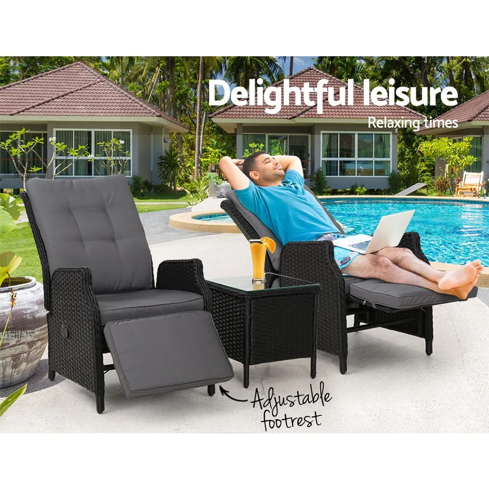 Elara Outdoor Setting Recliner Patio Chairs with Side Table Black