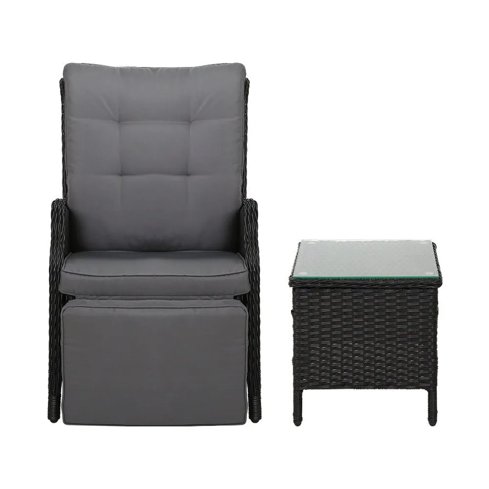 Elara Outdoor Setting Recliner Patio Chairs with Side Table Black