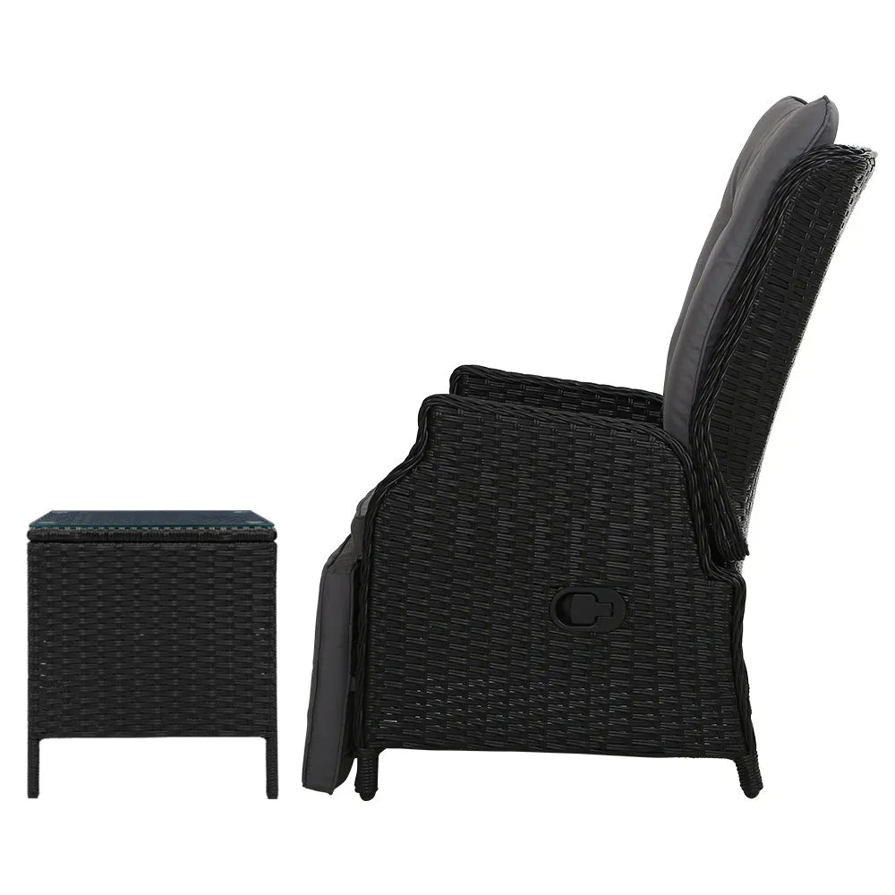 Elara Outdoor Setting Recliner Patio Chairs with Side Table Black