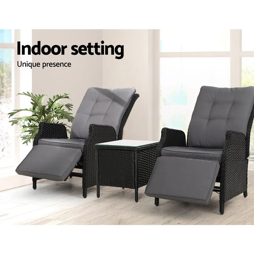 Elara Outdoor Setting Recliner Patio Chairs with Side Table Black