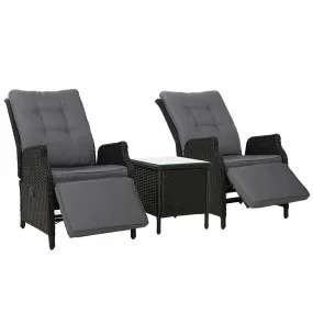 Elara Outdoor Setting Recliner Patio Chairs with Side Table Black