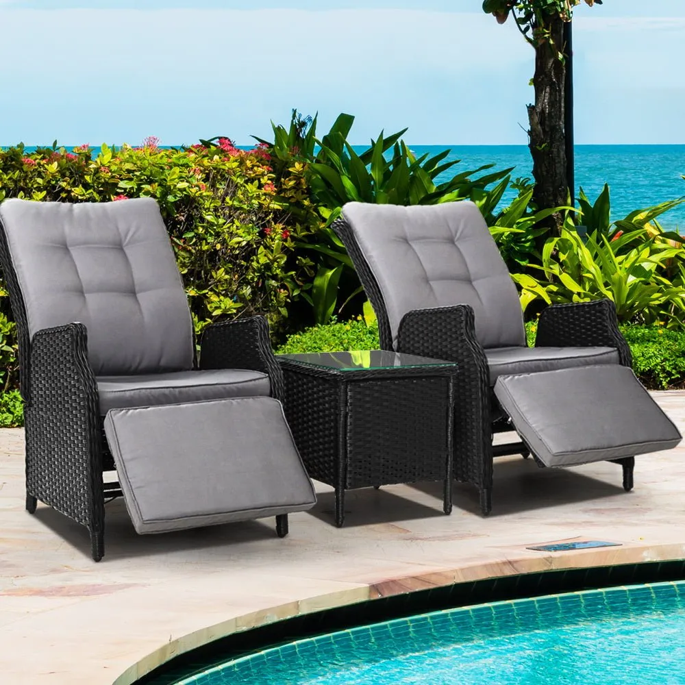 Elara Outdoor Setting Recliner Patio Chairs with Side Table Black