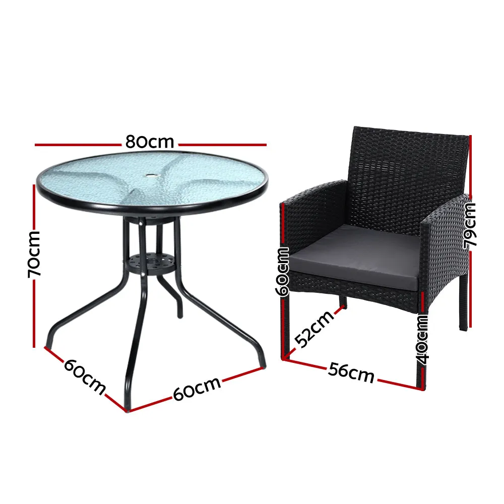 Elegant 3PC Bistro Set, Wicker, Glass-Top, Cushions - Gardeon