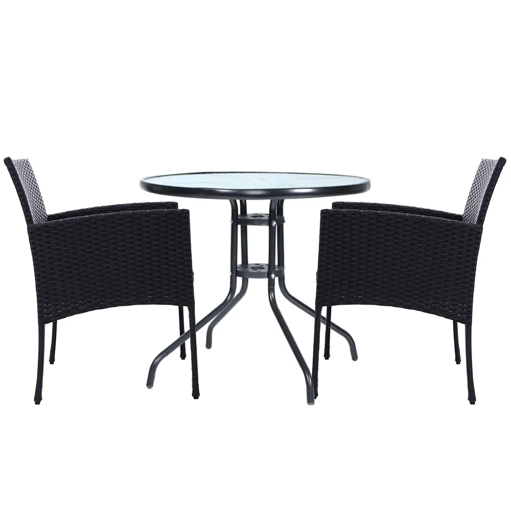 Elegant 3PC Bistro Set, Wicker, Glass-Top, Cushions - Gardeon