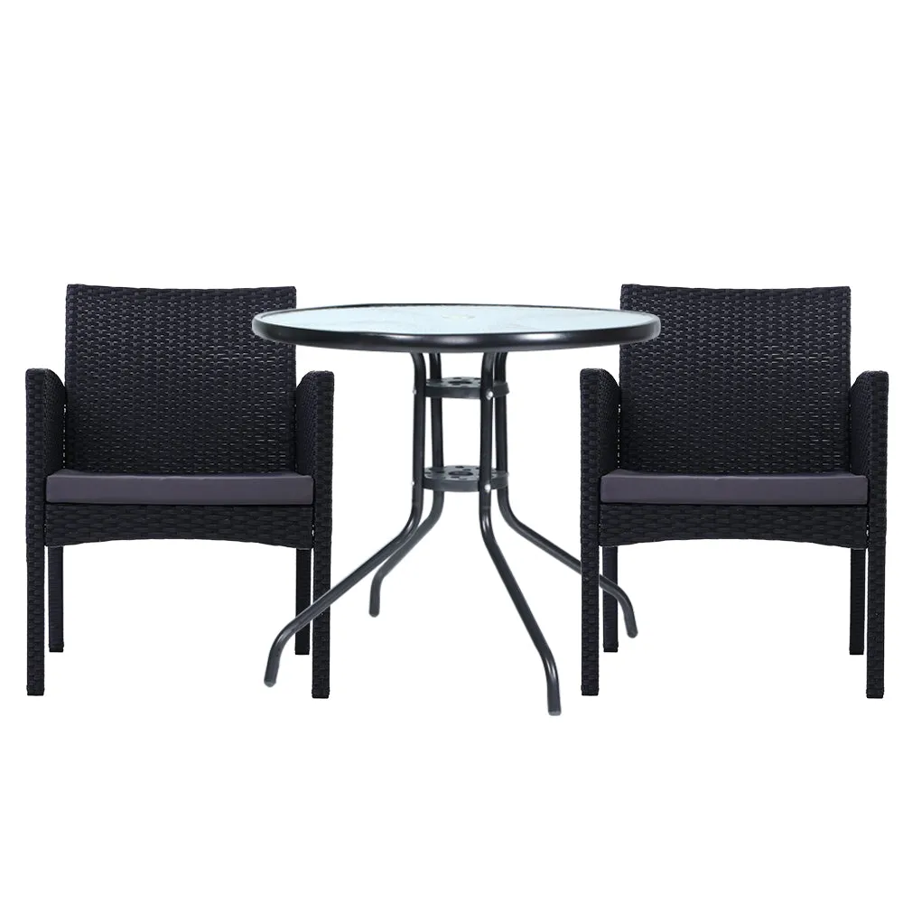 Elegant 3PC Bistro Set, Wicker, Glass-Top, Cushions - Gardeon