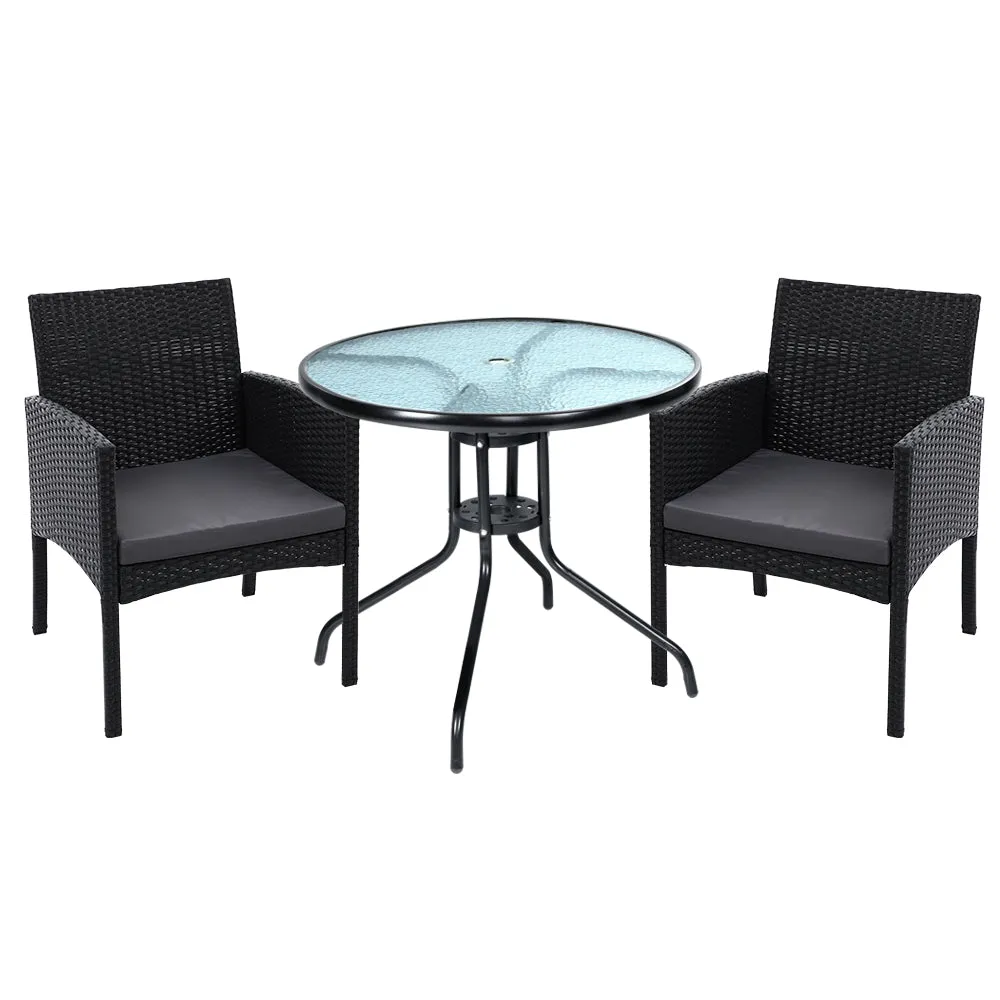 Elegant 3PC Bistro Set, Wicker, Glass-Top, Cushions - Gardeon