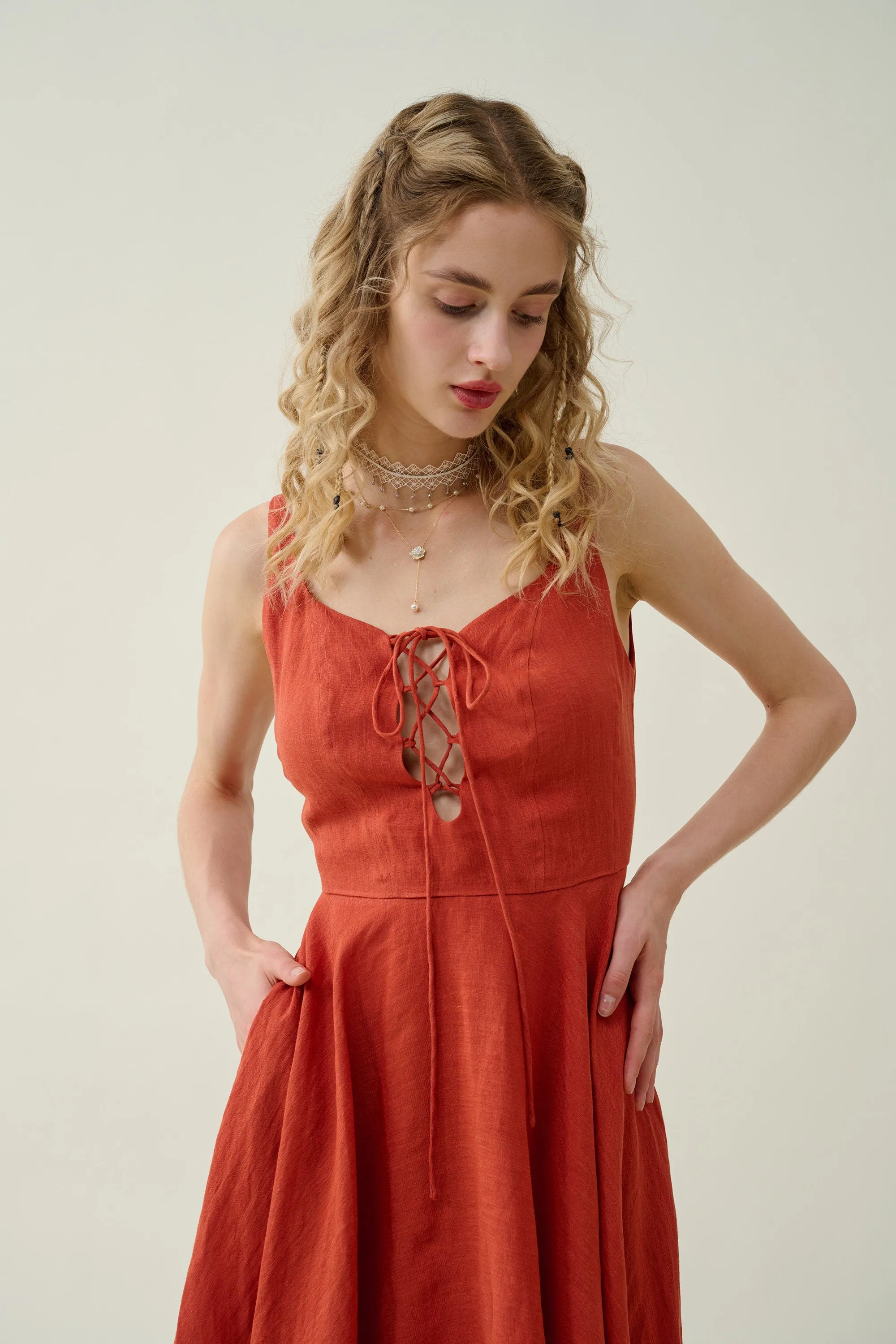 Eva | Lace & linen cocktail dress