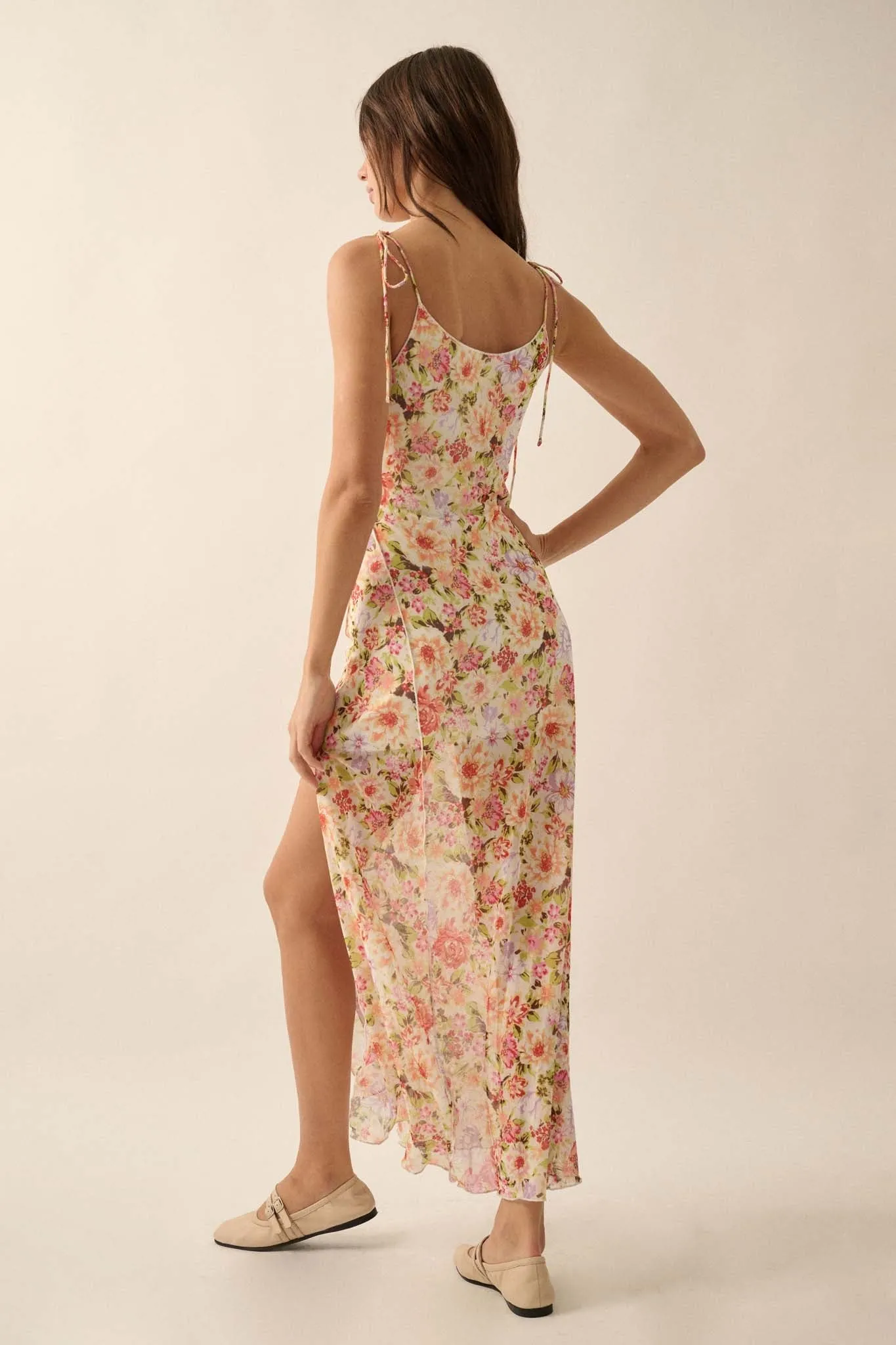 Garden Grown Floral-Print Mesh Midi Slip Dress