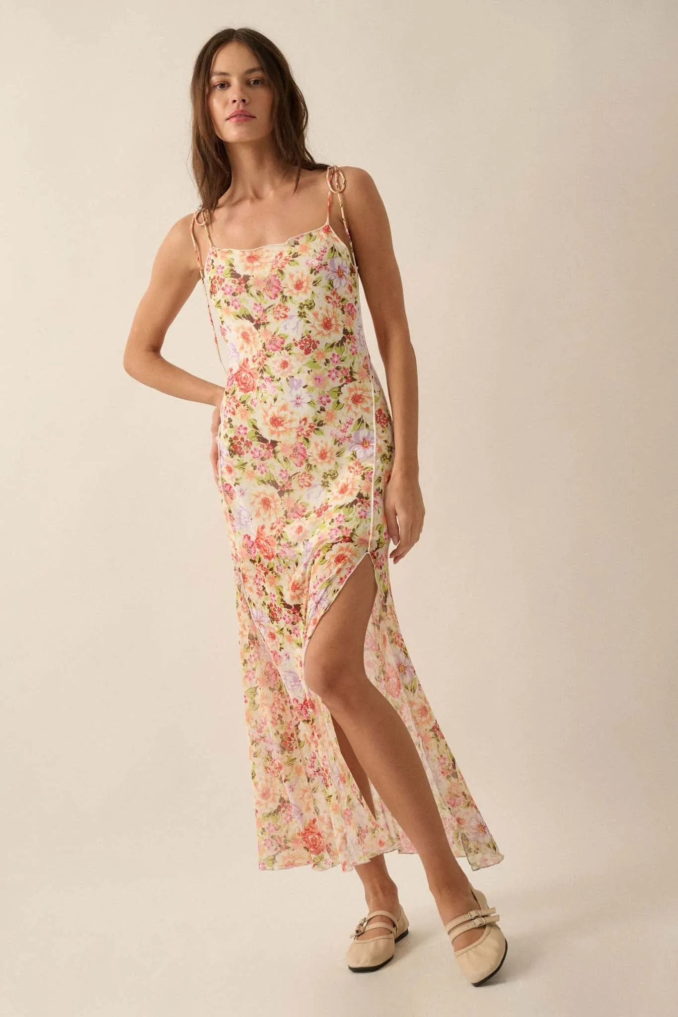 Garden Grown Floral-Print Mesh Midi Slip Dress