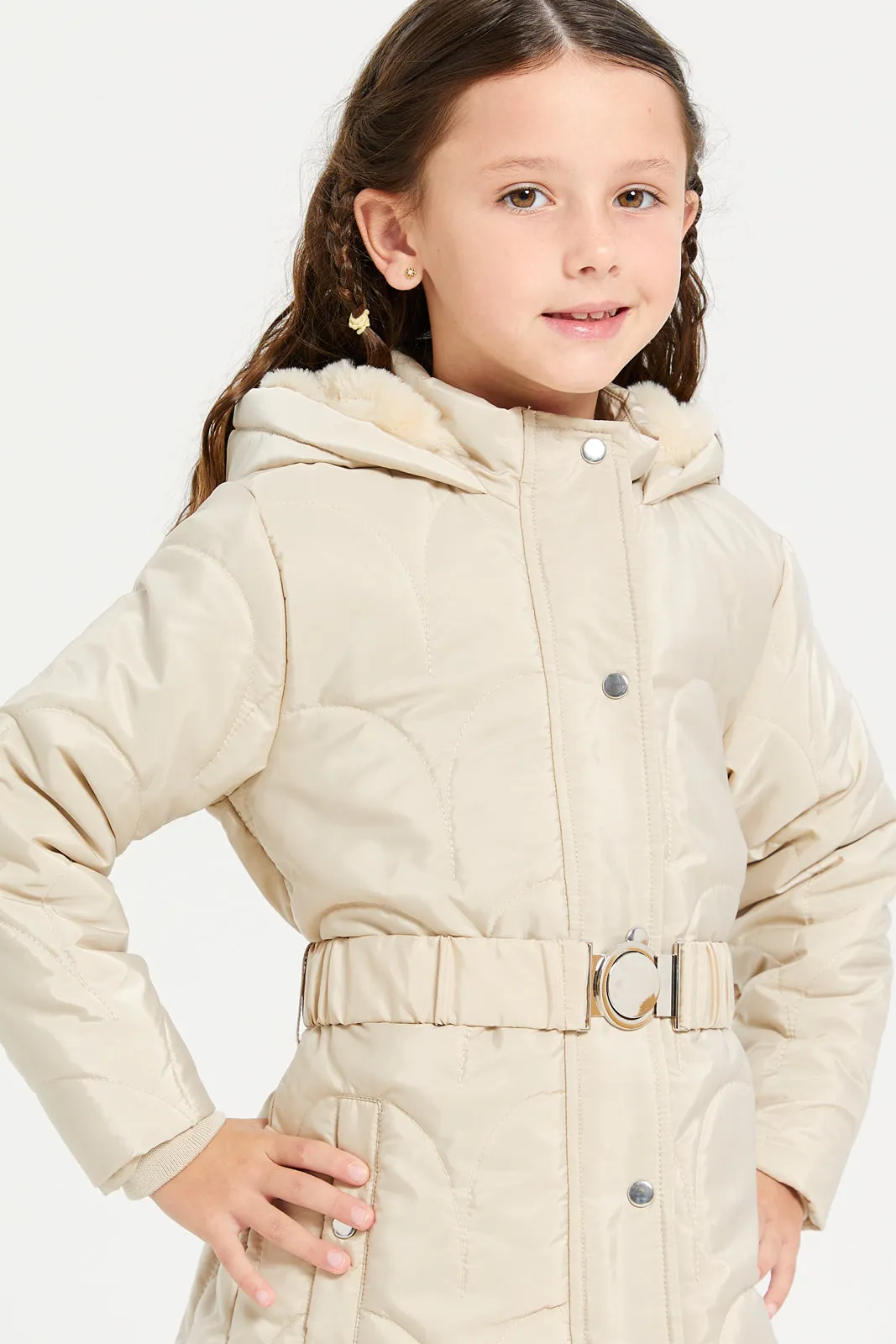 Girls Beige Puffer Jacket With Belt