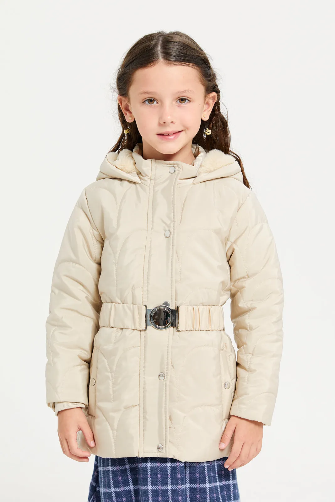 Girls Beige Puffer Jacket With Belt