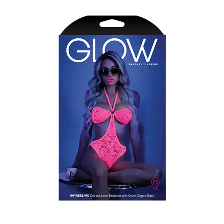 Glow Black Light Halter Bodysuit w/Open Sides Neon Pink M/L