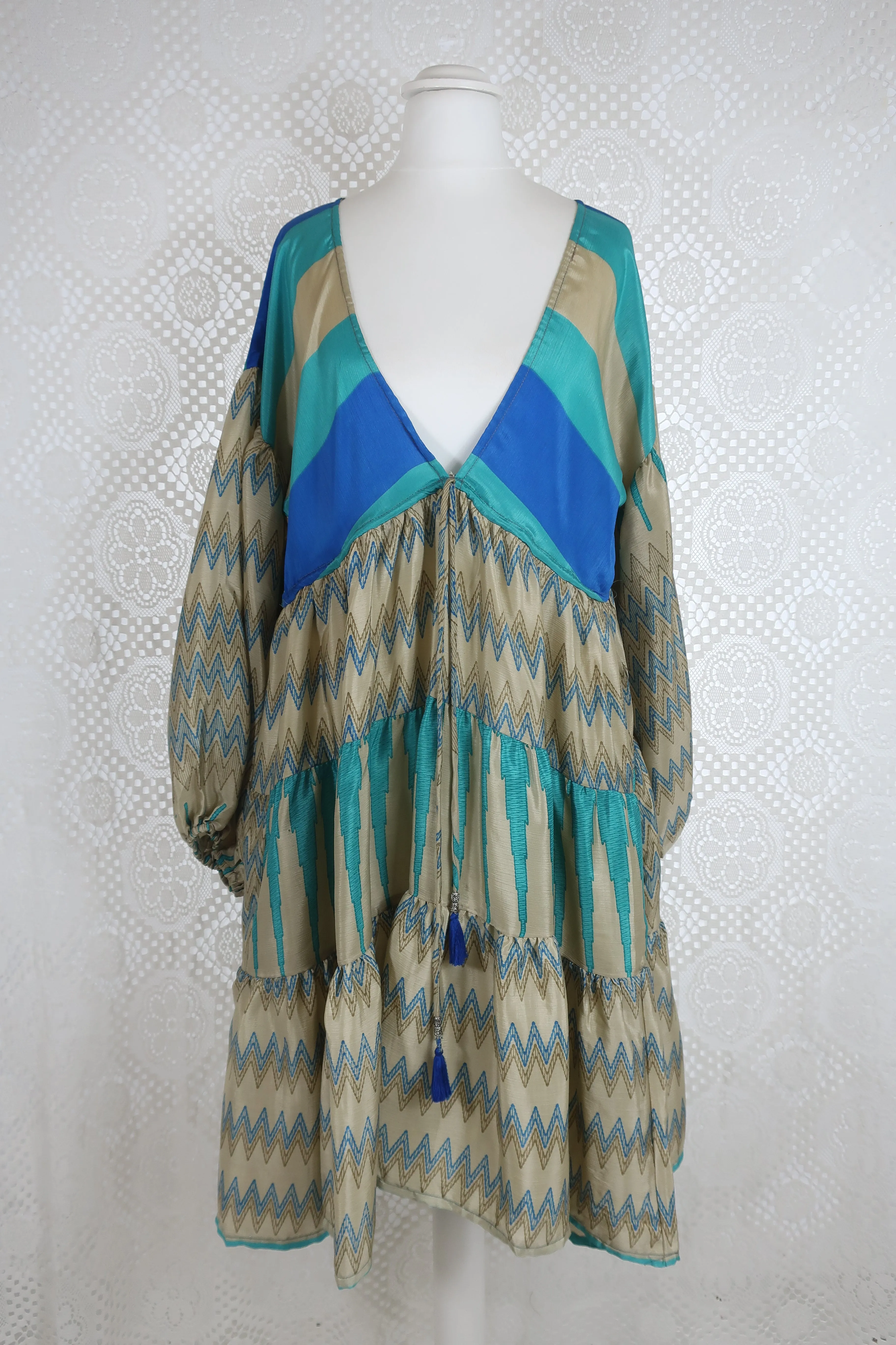 Gypsophila Mini Dress - Vintage Indian Sari - Gold & Sea Blue Graphic - S/M