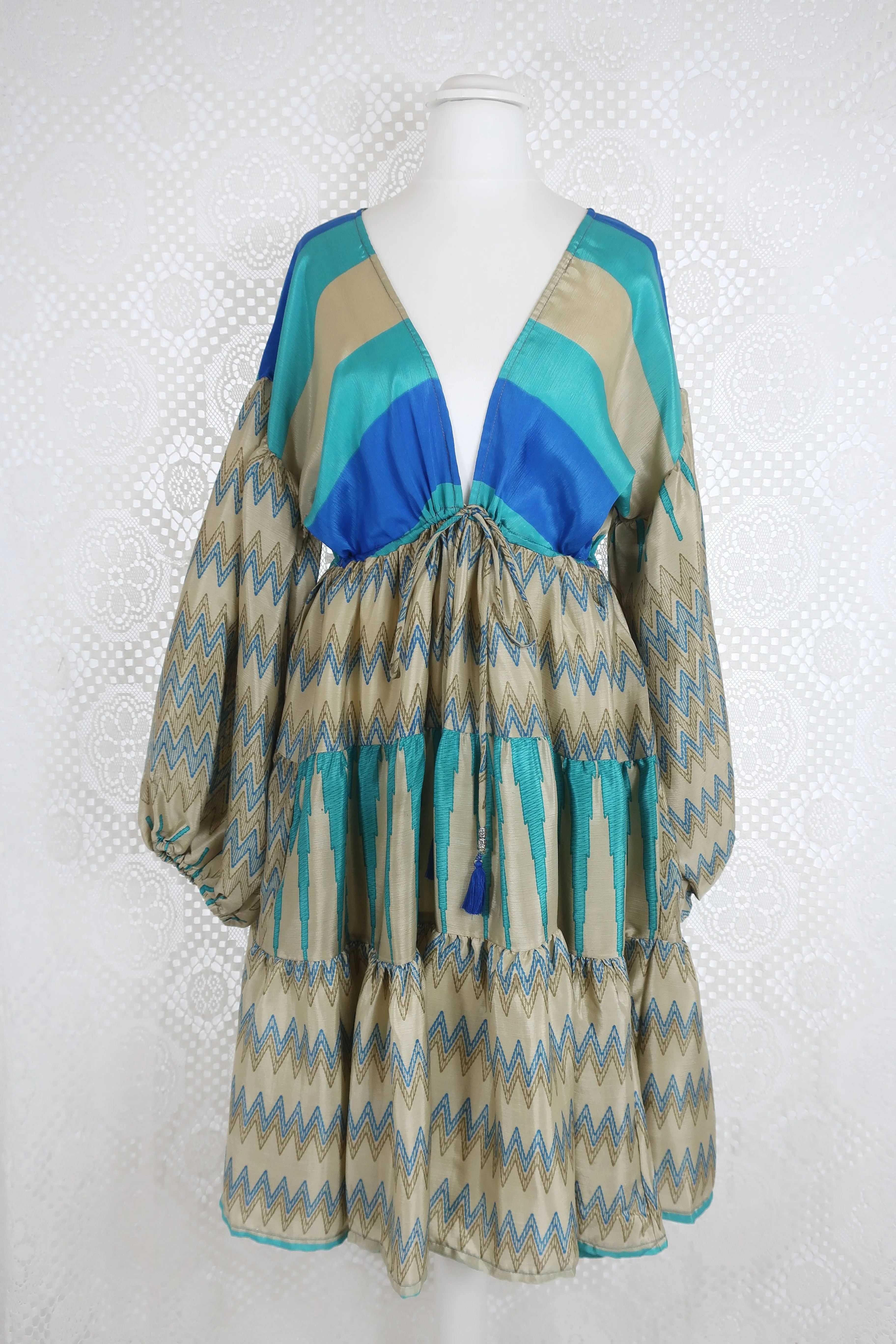 Gypsophila Mini Dress - Vintage Indian Sari - Gold & Sea Blue Graphic - S/M