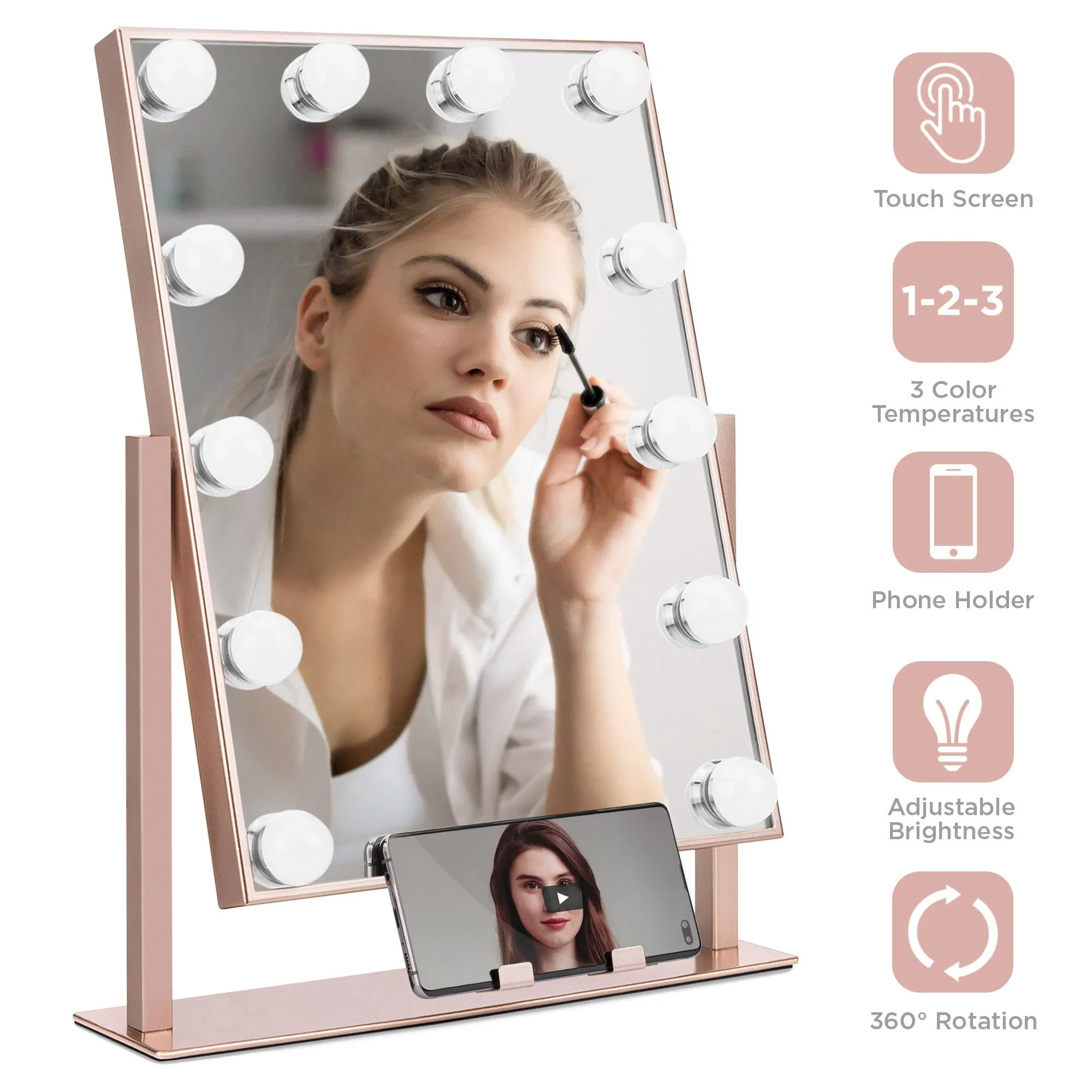 Hollywood Makeup Vanity Mirror w/ Smart Touch, Phone Holder, 12 LED Lights