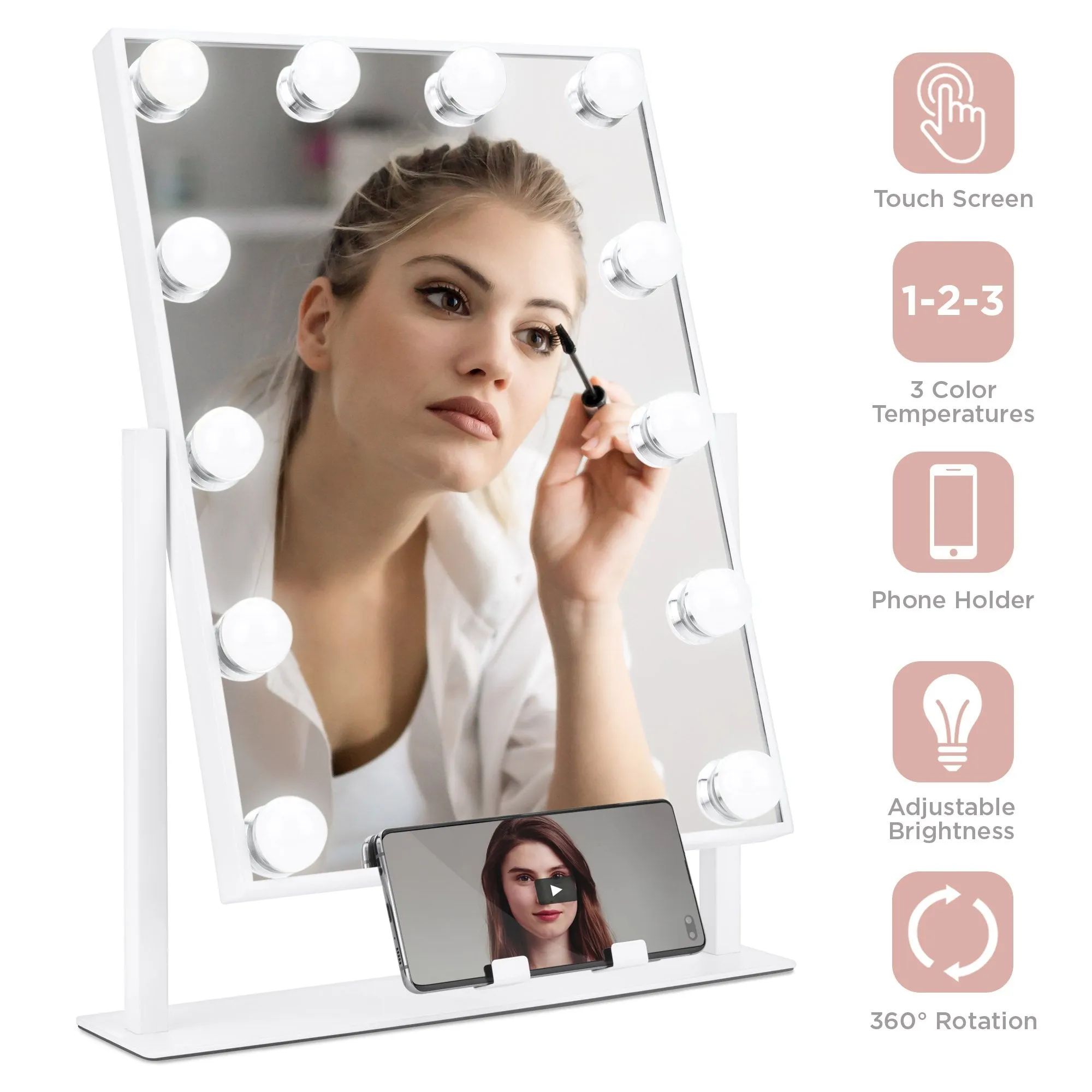 Hollywood Makeup Vanity Mirror w/ Smart Touch, Phone Holder, 12 LED Lights