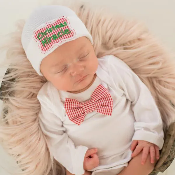 ilybean Christmas Miracle Newborn Christmas Hospital Hat and Bow Tie Onsie Set SET