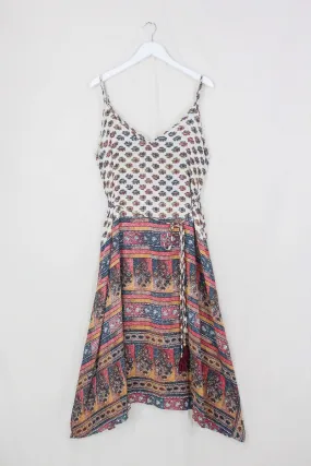 Jamie Dress - Indian Sari Slip - Hippie Jewel Tone Thistles - Size M/L