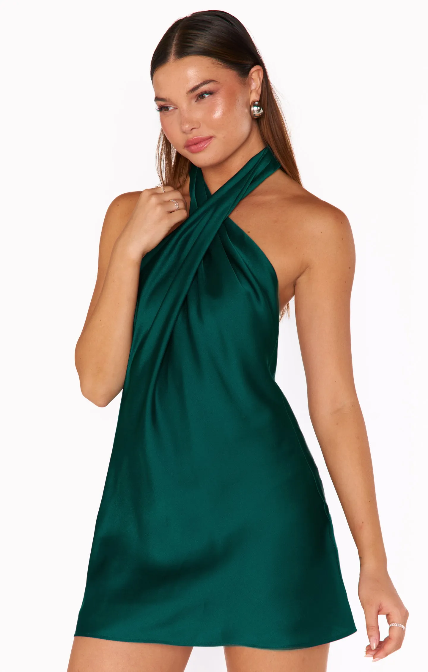 Jasmine Halter Mini Dress ~ Deep Emerald Luxe Satin