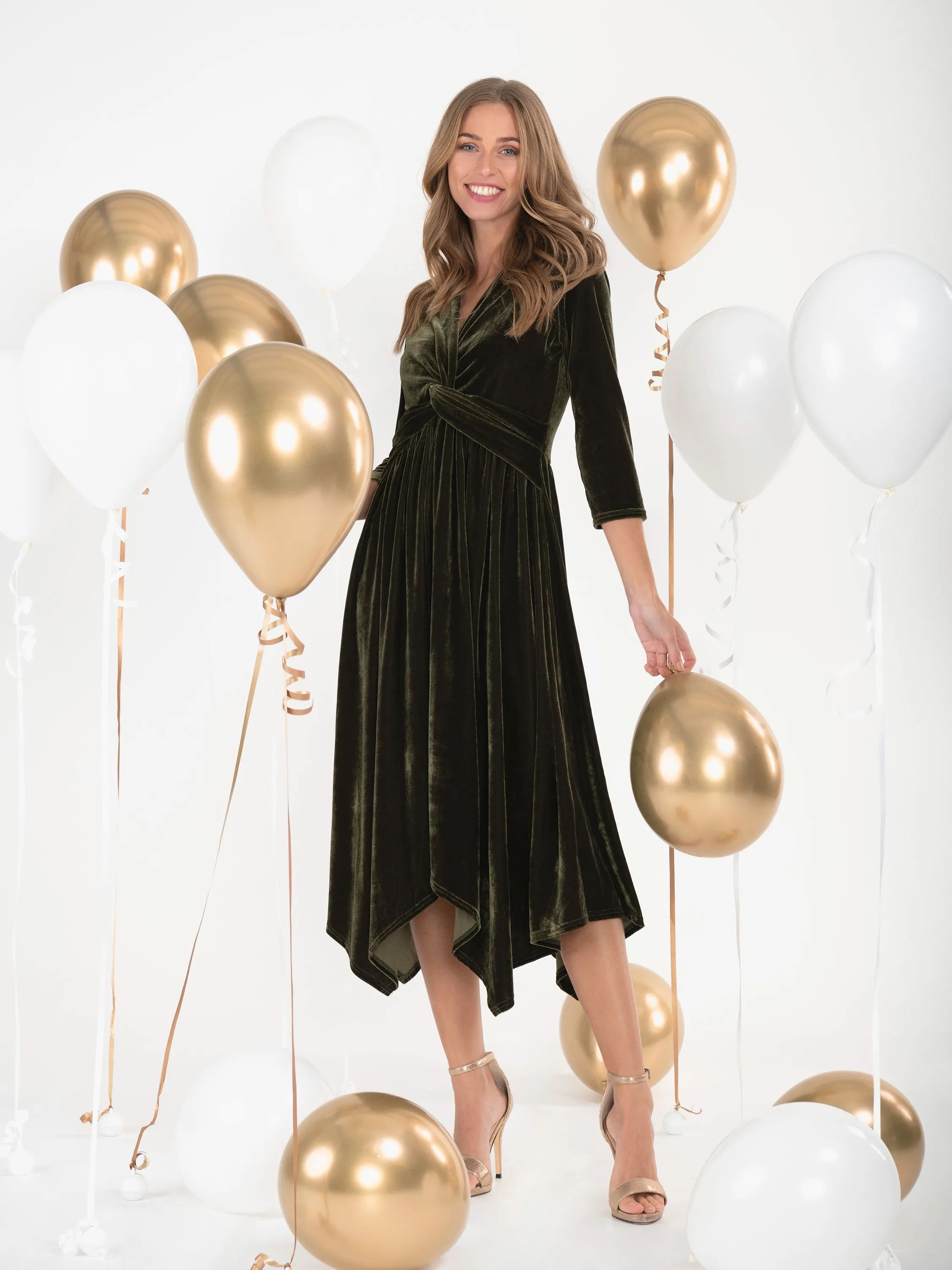 Jolie Moi Hanky Midi Velvet Dress, Soldier Green