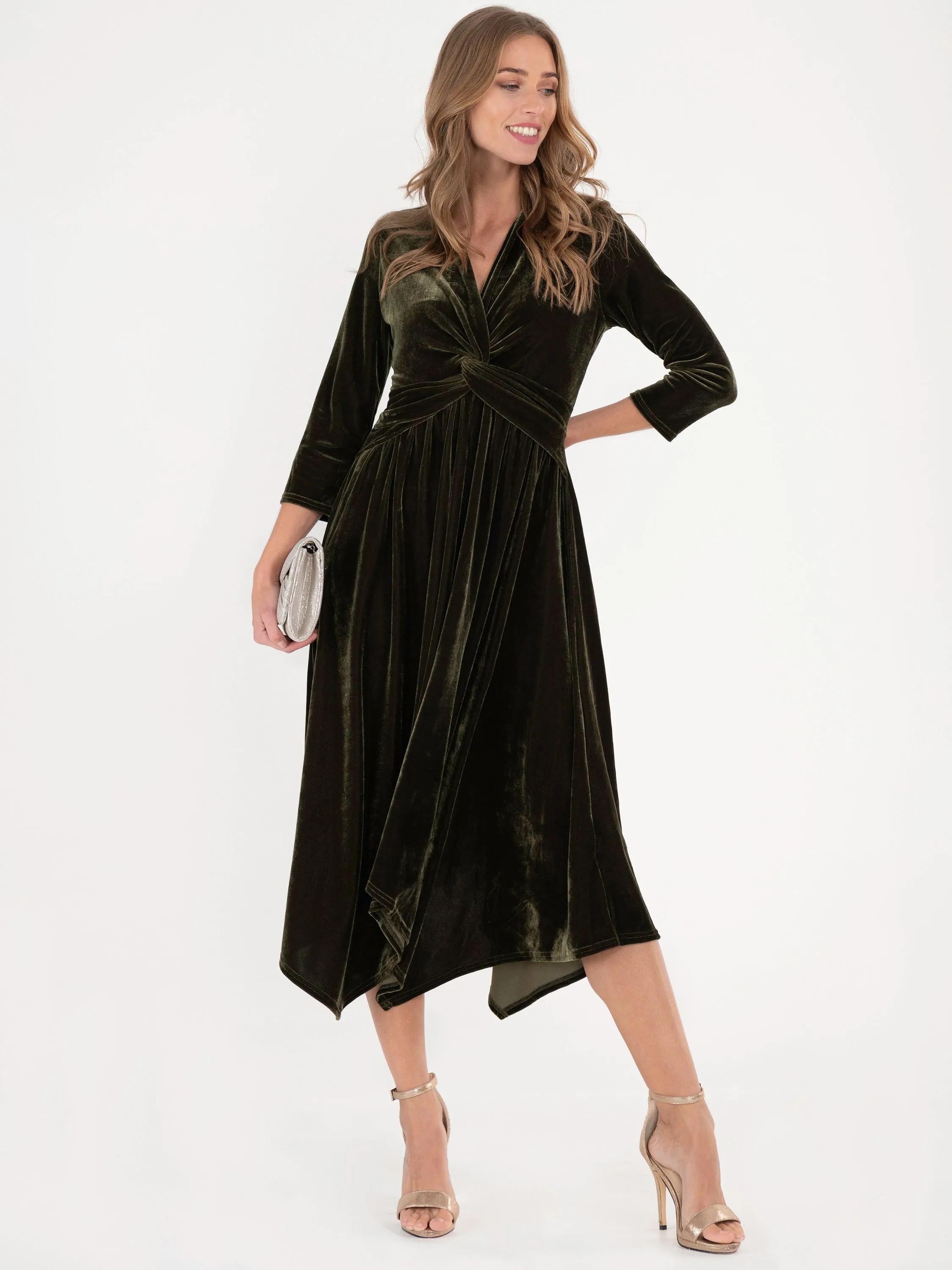 Jolie Moi Hanky Midi Velvet Dress, Soldier Green