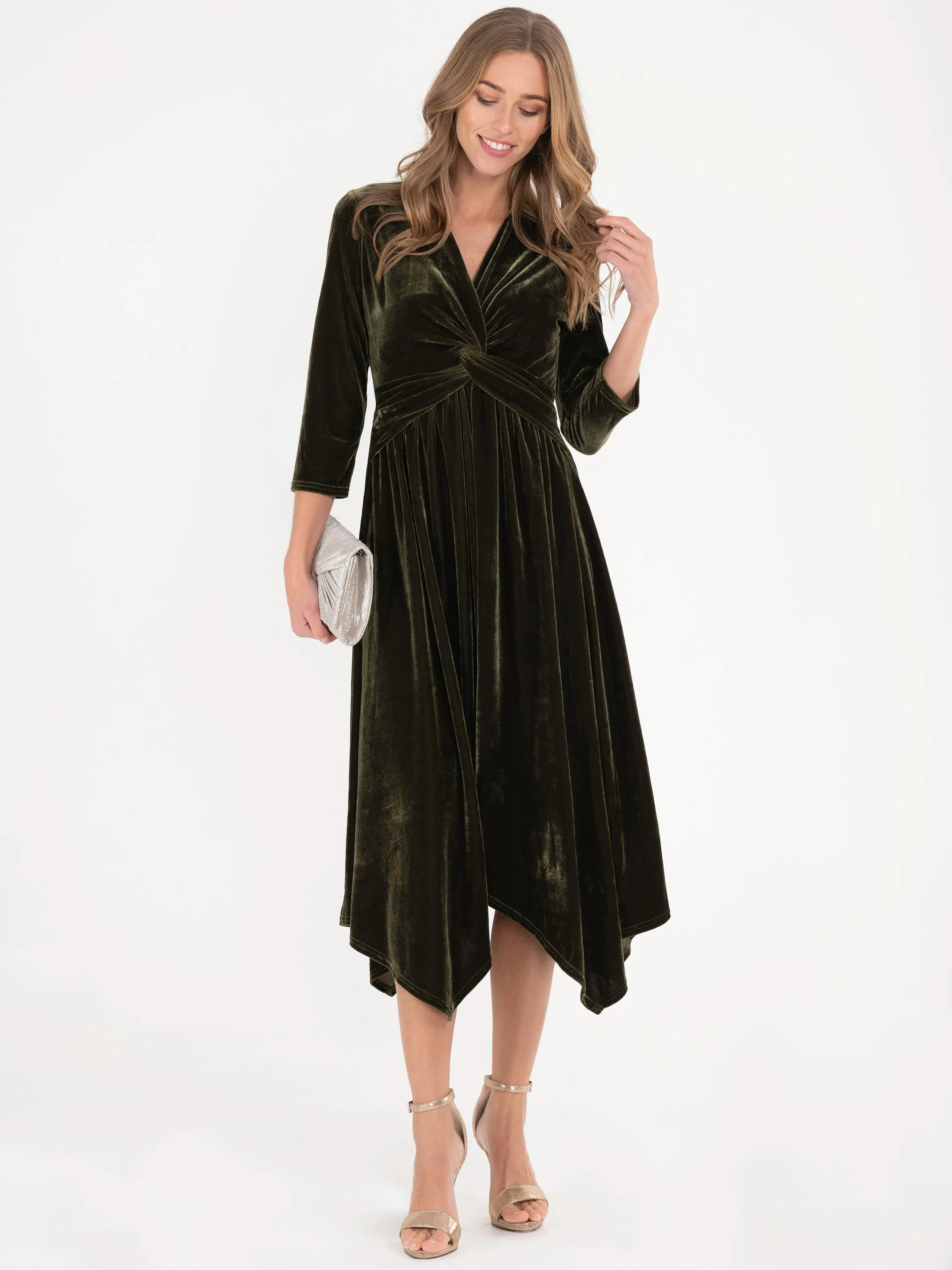 Jolie Moi Hanky Midi Velvet Dress, Soldier Green