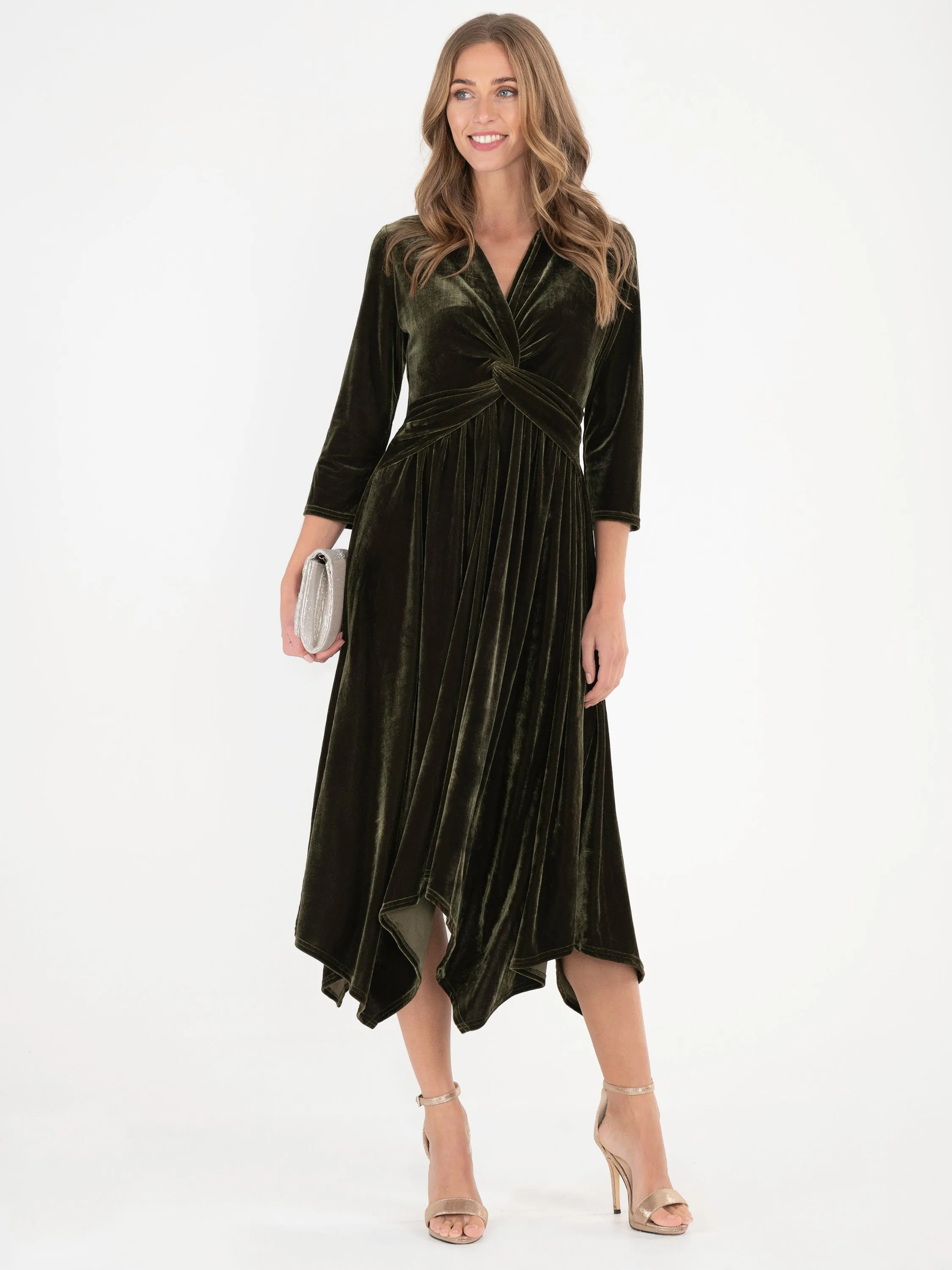 Jolie Moi Hanky Midi Velvet Dress, Soldier Green