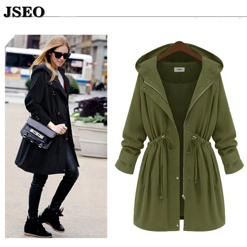 JSEO-European style 2016 Autumn New Women Drawstring Hooded Trench Female Fashion Plus Size Loose Casual Windbreaker Coat XL-4XL