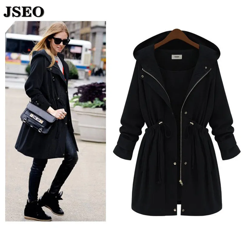 JSEO-European style 2016 Autumn New Women Drawstring Hooded Trench Female Fashion Plus Size Loose Casual Windbreaker Coat XL-4XL