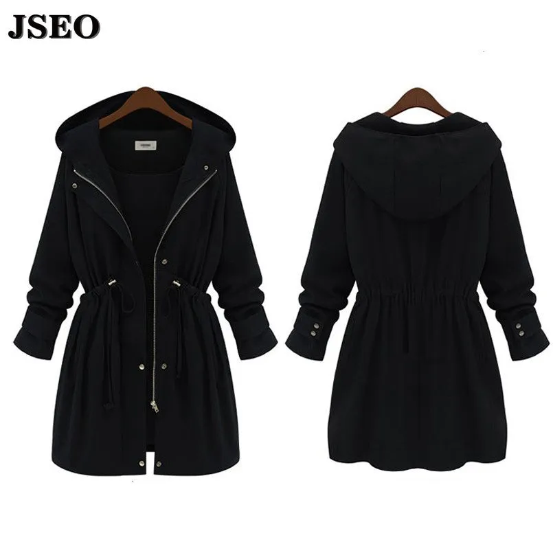 JSEO-European style 2016 Autumn New Women Drawstring Hooded Trench Female Fashion Plus Size Loose Casual Windbreaker Coat XL-4XL