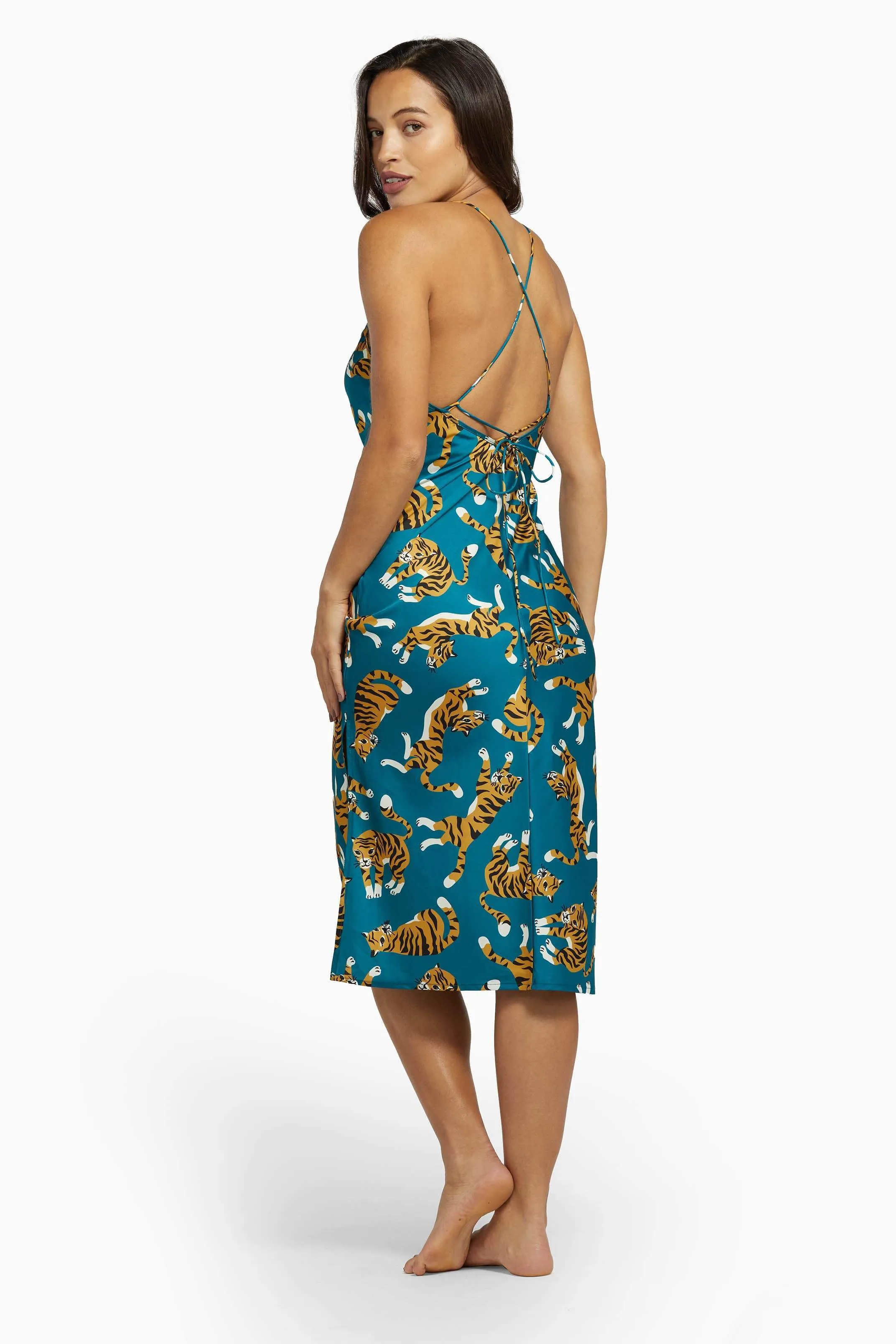 Kilo Brava EXCLUSIVE Teal Tiger Satin Cowl Midi Slip Dress