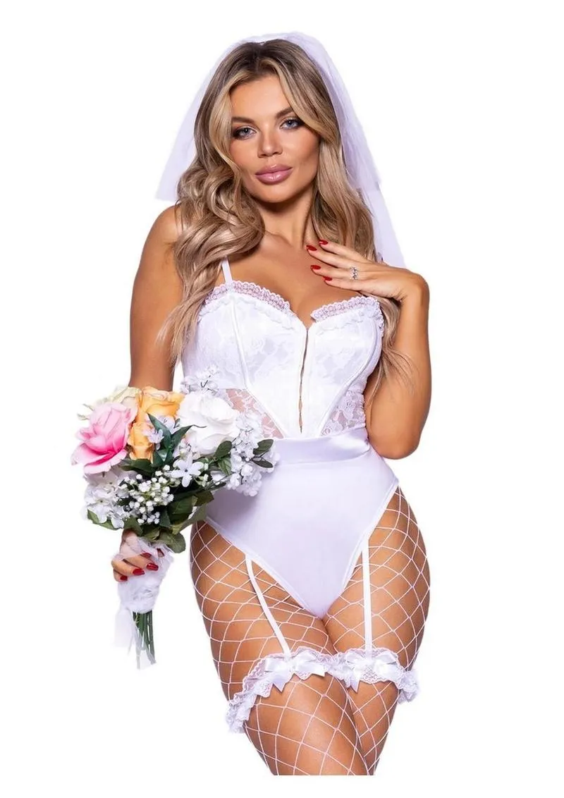 Leg Avenue Bridal Babe Lace Garter Bodysuit, Bow and Train Bustle, and Bridal Veil