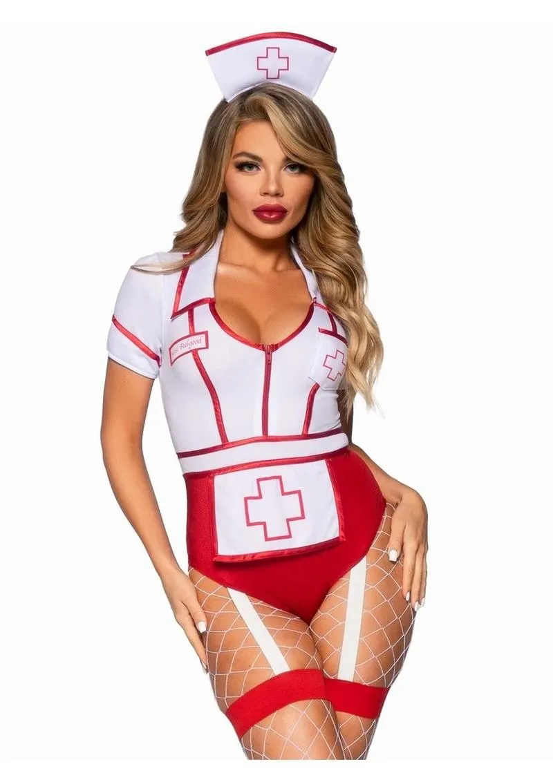 Leg Avenue Nurse Feelgood Snap Crotch Garter Bodysuit with Attached Apron and Hat Headband