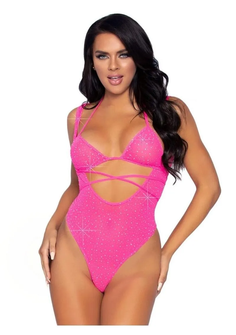 Leg Avenue Rhinestone Mesh Wrap Around Bikini Top and Suspender Bodysuit